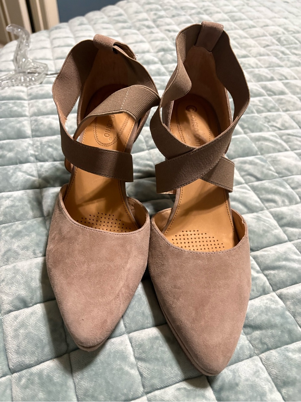 Corso Como Suede Pointed-Toe Ankle Strap Flats in Taupe